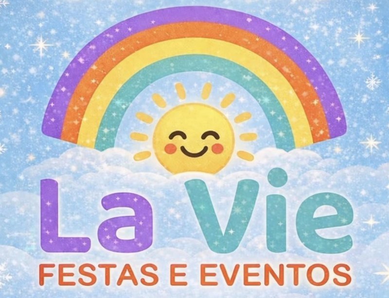 Logotipo La Vie Festas e Eventos: arco-íris, sol sorridente e nuvens